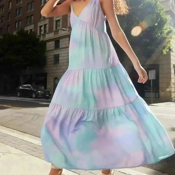 JustFab Rayon Tiered Maxi Dress Lightweight Fairy Flowy Purple  Blue XL NWT - Picture 1 of 11